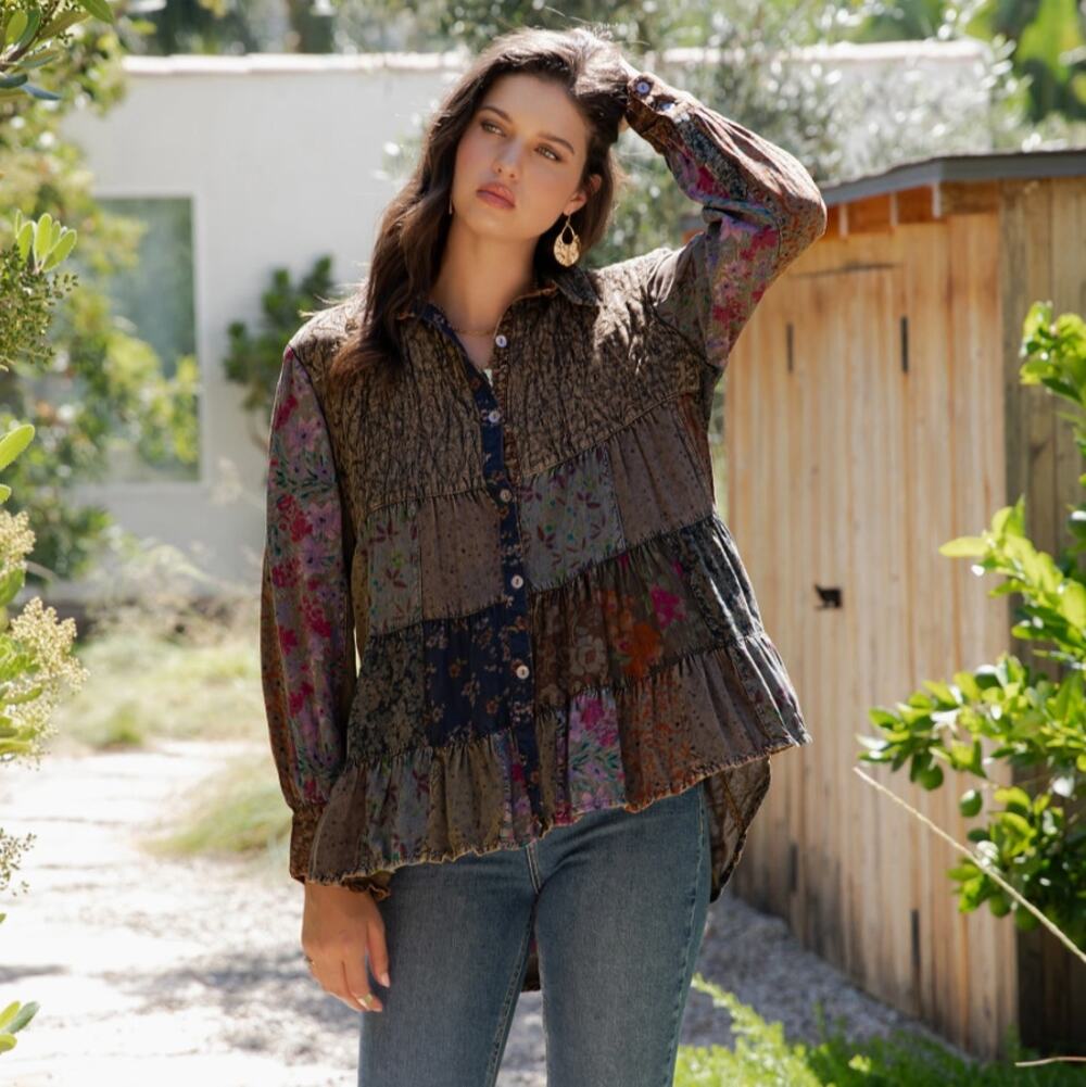 Young Threads Brown Floral Patchwork Tiered Long Sleeve Blouse L - Fall Romantic